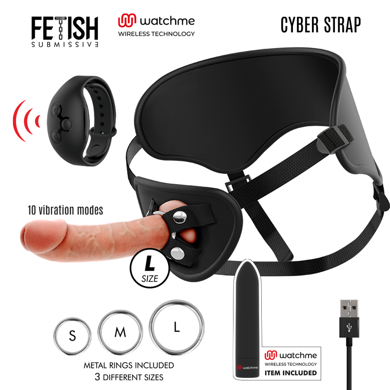 FETISH SUBMISSIVE CYBER STRAP - ARNÉS CON DILDO Y BALA CONTROL REMOTO TECNOLOGÍA WATCHME L-FETISH SUBMISSIVE-Noxtic