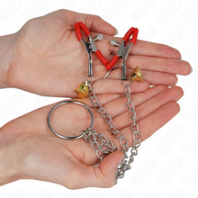 KINK - RED NIPPLE AND CLITORIS CLAMPS WITH GOLD BELL AND CHAIN ​​30 CM